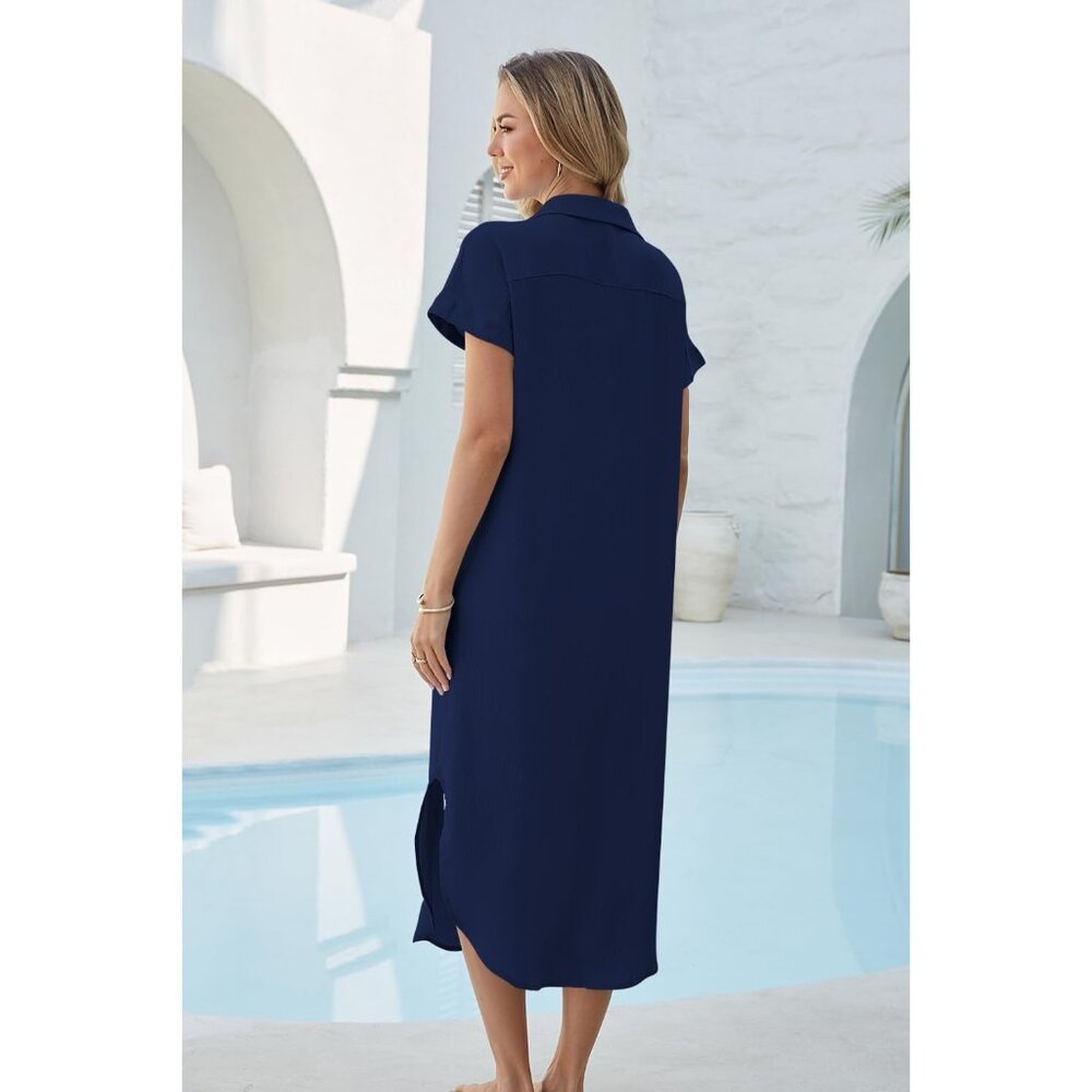 Women Navy Blue Long Maxi Button Down Summer Bikini Swimsuit Cover Beach Dress - Picture 5 of 5